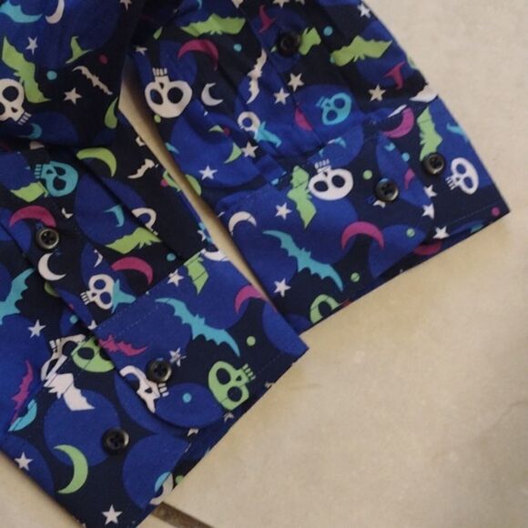 NWOT Simon Banks Halloween buttondown longsleeve shirt blue skull moon print L - Picture 9 of 9
